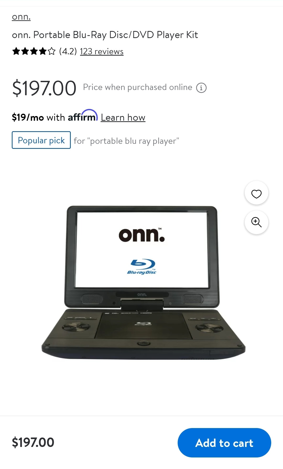 Onn  Portable Blue Ray DVD Player W/11.4 Screen